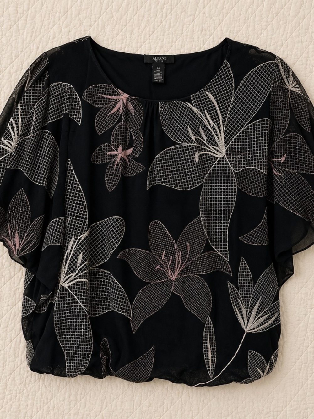Womens Alfani PS Blouse Black with White Floral Design Good Condition